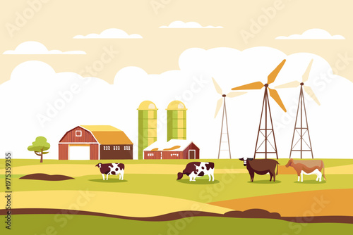 Peaceful farmland scene with cows silos and wind turbines