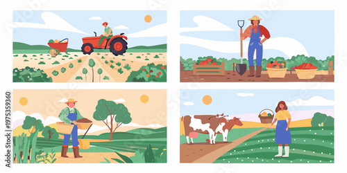 Four scenes depict various aspects of rural farm life and work