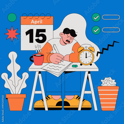 Tax deadline day concept with alarm clock and April 15 calendar page deadline stress time management