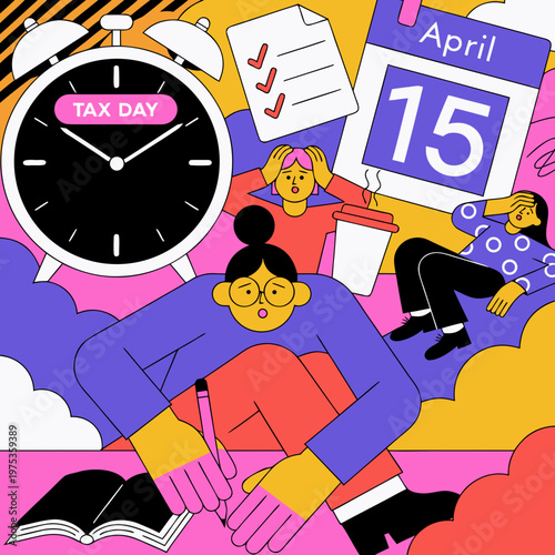 Tax deadline day concept with alarm clock and April 15 calendar page deadline stress time management