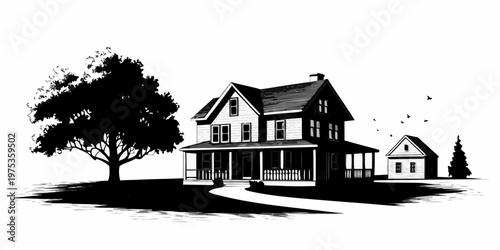 A detailed black and white illustration of a classic victorian home