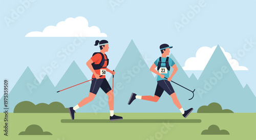 Two people running with poles in a mountainous terrain landscape