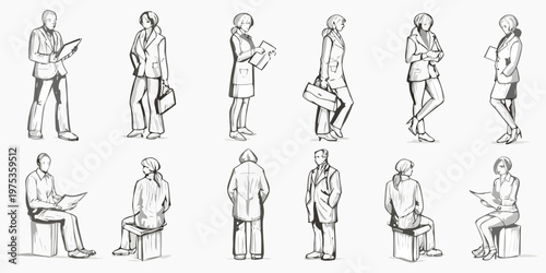 A collection of sketched figures mostly business people in various poses