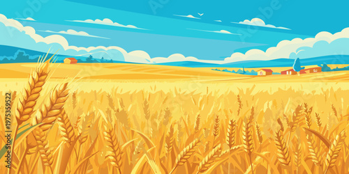 Golden wheat field under a bright blue sky with fluffy white clouds