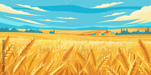 Golden wheat field with a small house under a bright blue sky