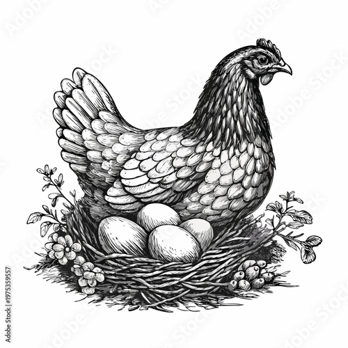 A detailed illustration of a hen protecting her nest of eggs