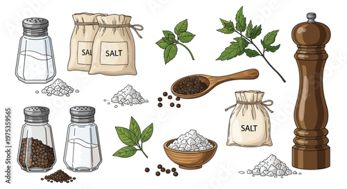 Collection of seasoning essentials featuring salt shakers, pepper mills, bags of salt, and fresh green leaves for kitchen decor.