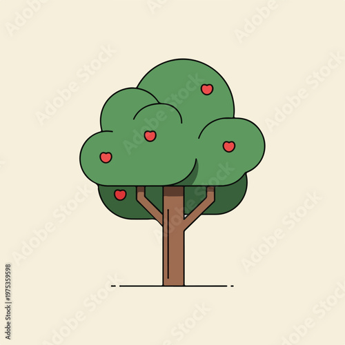 A cartoon illustration of an apple tree with red fruits