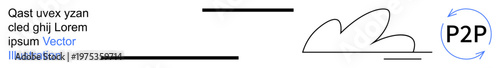 Peer-to-peer sharing, cloud storage, file transfer, modern networking, data exchange, internet communication. Circular P2P icon with cloud and text. Peer-to-peer sharing and cloud storage design