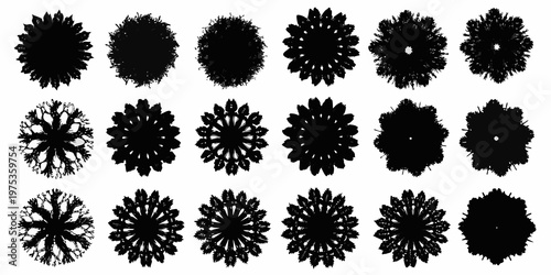 Collection of black circular tree canopy silhouettes arranged in a grid