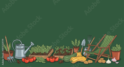 Lower border composition featuring gardening tools, plant beds, vegetables, and a lounge chair over a dark green empty background.