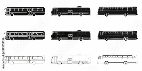 Collection of black and white bus silhouettes in various styles