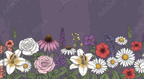 Colorful hand drawn summer flowers forming a horizontal border along the bottom edge on a textured purple background.