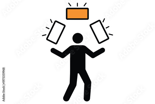 Businessman juggling multiple tasks, stress, overwhelmed employee, multitasking