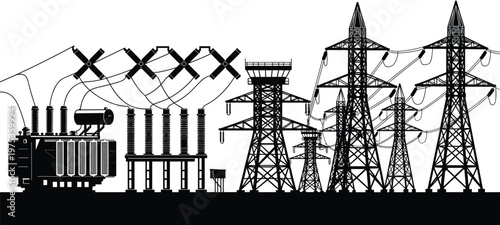 Electric Power Transmission Station and High Voltage Towers Silhouette Illustration, Energy Infrastructure Grid with Transformer Substation for Electricity Distribution Industry