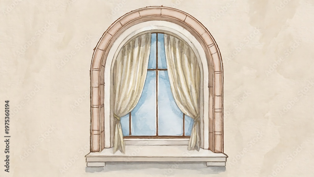 Obraz premium Arched window with curtains