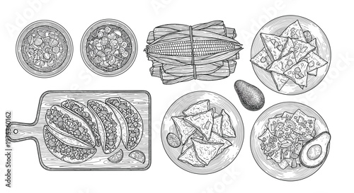 Hand drawn sketch collection of traditional Mexican dishes including tacos, nachos, tamales, and avocado on various plates.