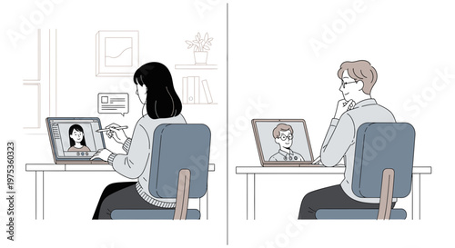 Remote workers, business professionals, office illustration, vector graphics, people working on laptops