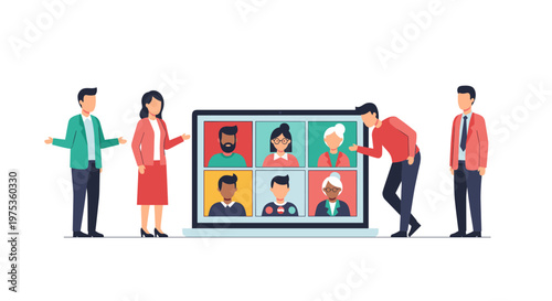 Team video conference meeting with multiple participants illustration