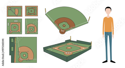 Baseball field elements and stadium layout set illustration