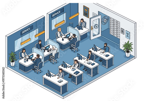 Isometric Illustration of a Modern Office Environment with Employees Working at Desks