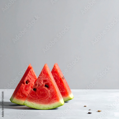 Three slices of fresh watermelon on a gray surface
