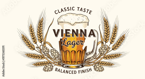 Vienna Lager beer emblem featuring a mug of frothy beer surrounded by wheat ears and hop cones on a beige background.