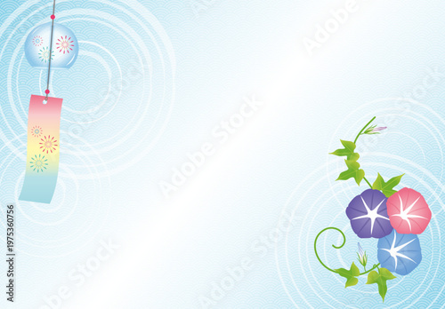 風鈴と朝顔の和風フレーム（夏・水色・青海波）