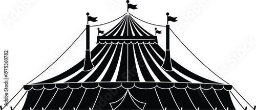 Vintage circus tent silhouette illustration with striped canopy flags, classic carnival big top design, black and white vector graphic