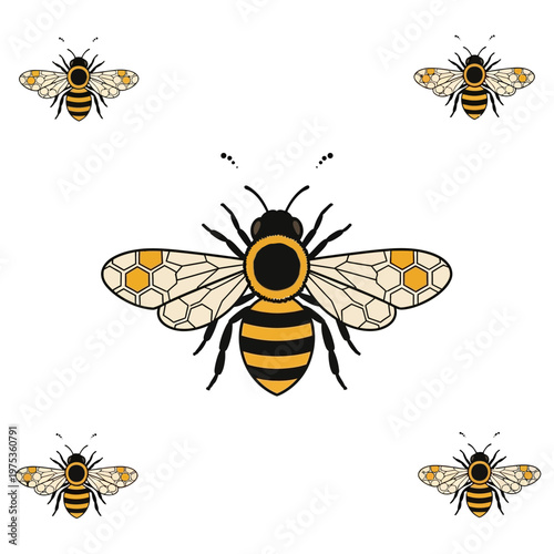 Illustrated bees with honeycomb patterns on white
