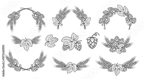 Set of decorative wreaths, borders, and ornaments made of hops, wheat, and barley for beer and bakery designs.