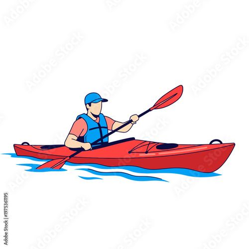 Kayaker paddling through calm waters in nature scene