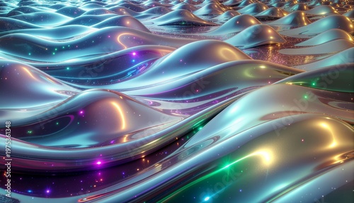 Vibrant liquid metal ripples with neon particle streams digital simulation