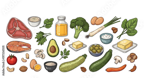 Hand drawn collection of keto diet foods including meat, salmon, eggs, avocado, vegetables, nuts, and healthy oils.