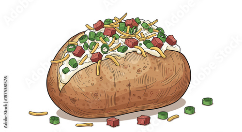 Delicious baked potato topped with sour cream, melted cheese, bacon bits, and chopped green onions on a white background.