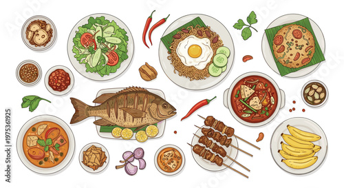 Wide variety of traditional Indonesian dishes including grilled fish, nasi goreng, satay, and soups on a white background.