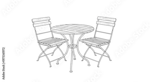 Simple line drawing of a classic outdoor cafe table with two matching chairs isolated on a plain white background.