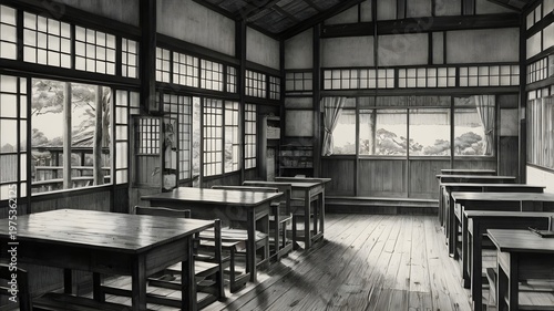 Traditional Wooden Classroom with Large Windows and Natural Light in Vintage School Setting