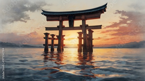 Traditional Japanese Torii Gate in Water During Sunset with Calm Waves and Mountain Background