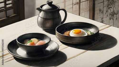 Traditional Japanese Breakfast with Rice Bowls Egg and Teapot in Minimalist Kitchen