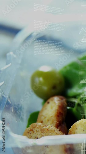 Vertical video: Camera shifting, clear container revealing olives and greens, overlays showing HUD