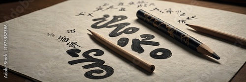 Traditional Calligraphy Brush and Ink on Paper with Chinese Characters in Artistic Style for Cultural and Educational Use