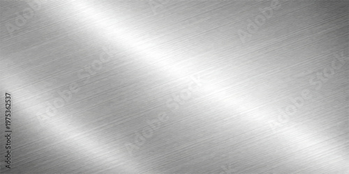 Brushed silver metallic plate with a polished stainless steel texture featuring a smooth industrial aluminum surface and light gray reflections for a modern grey pattern backdrop