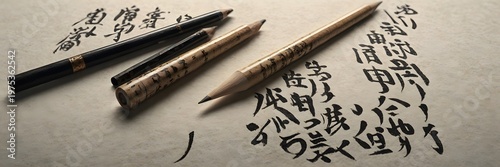 Traditional Calligraphy Brushes and Ink on Paper in Artistic Calligraphy Style