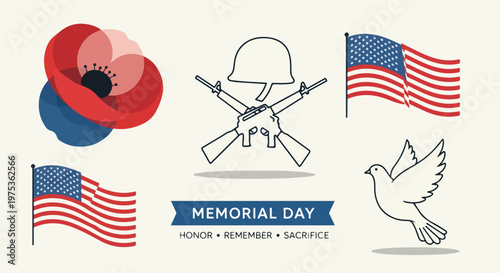 Various symbols representing Memorial Day flags, flowers, weapons, dove
