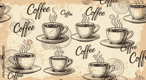 Seamless pattern with hand drawn coffee cups on saucers and decorative script text on a textured beige background.