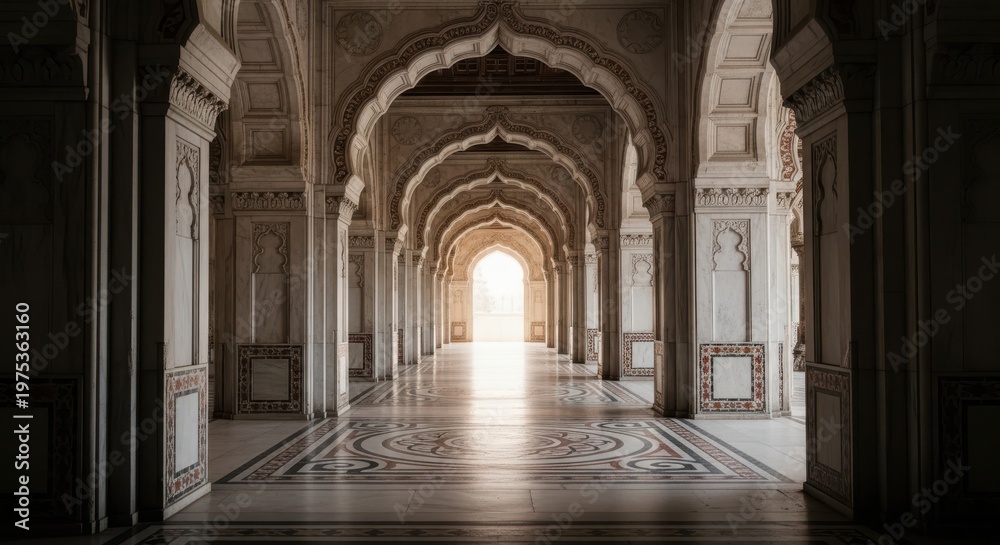 Obraz premium Intriguing architectural hallway a view through gothic arches towards bright light