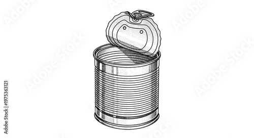 Detailed black and white stipple engraving of an empty open metal tin can with its lid peeled back showing internal ridges and texture.