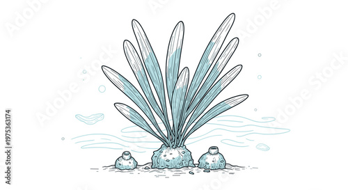 Stylized underwater scene showing long seagrass leaves growing from the sandy bottom alongside small rocky outcrops or sea sponges in blue tones.