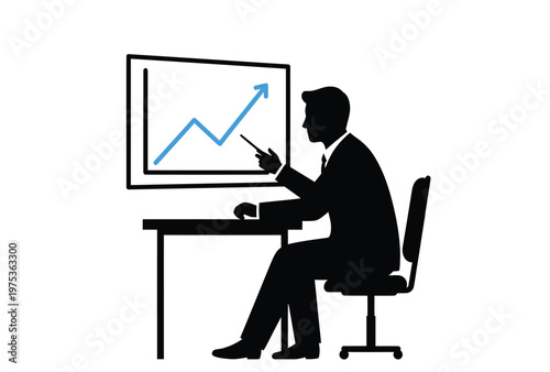 Businessman analyzing graph, office worker silhouette, data analysis, financial planning vector